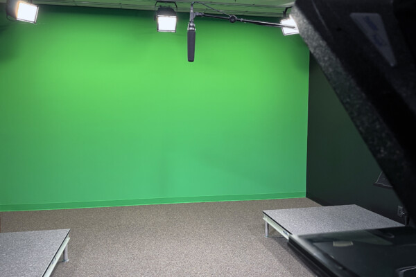 Green screen studio room for video production at M-PACT TV in Palmer, MA